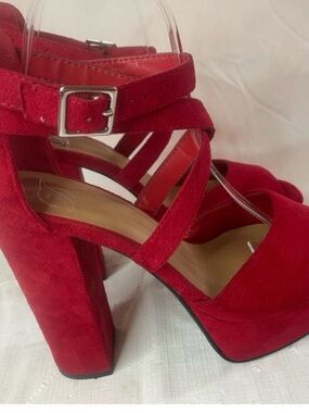 Red Suede Strappy Block Heel Sandals